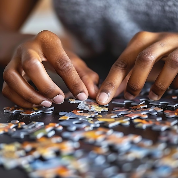 una donna sta giocando a un puzzle con le mani in cima