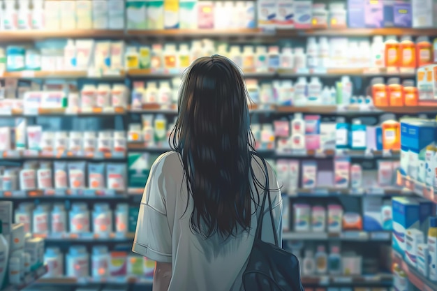 Una donna sta guardando il corridoio della medicina in un negozio