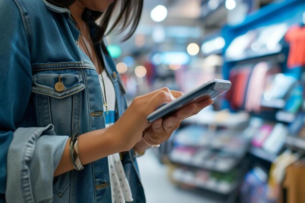 una donna sta guardando il suo telefono in un negozio