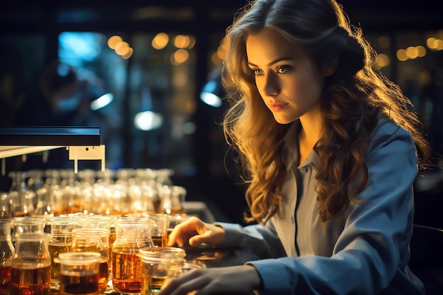 Una donna sta guardando un bicchiere di alcol con un'etichetta che dice "lo sta guardando".