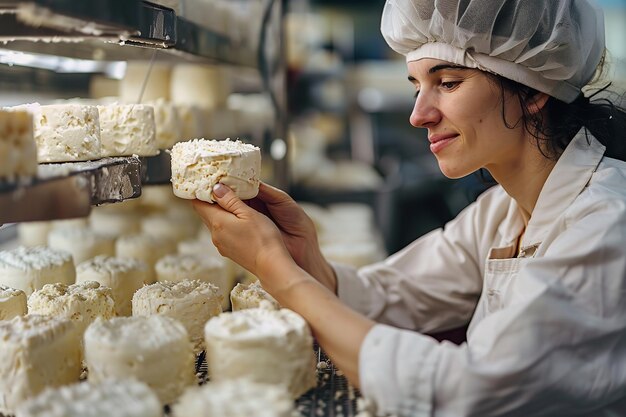 una donna sta guardando una torta che ha la parola formaggio su di essa