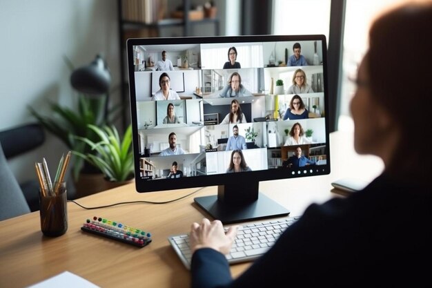 una donna sta guardando uno schermo di computer che ha un sacco di persone su di esso