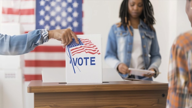 Una donna sta inserendo una scheda di voto in un'urna. La mano della donna si estende verso la fessura della scatola mentre esegue il suo dovere civico.
