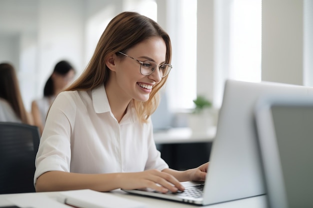 Una donna sta lavorando su un laptop e sorride IA generativa