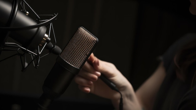 Una donna sta lavorando su un microfono in uno studio di registrazione.