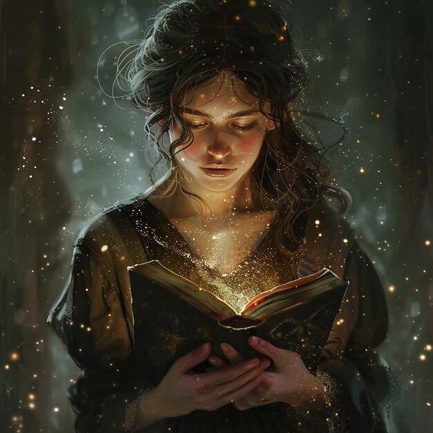 una donna sta leggendo un libro di magia