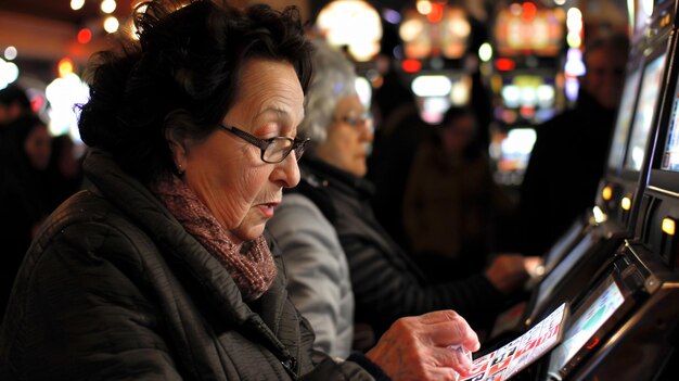 una donna sta leggendo un menu con un'immagine di un gioco sullo sfondo