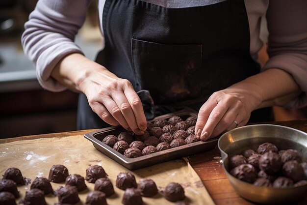una donna sta mettendo cioccolatini su un vassoio con cioccolatini.