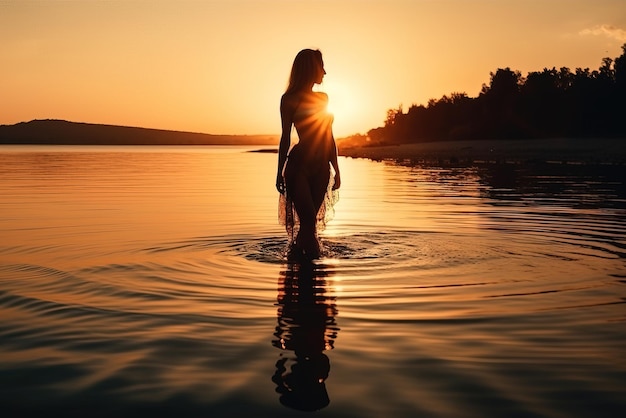 Una donna sta nell'acqua al tramonto.