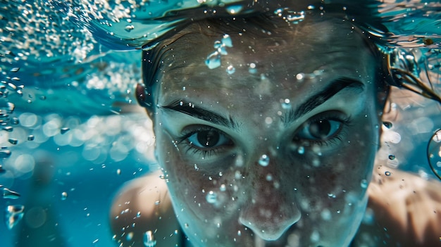 una donna sta nuotando sott'acqua con gli occhi chiusi