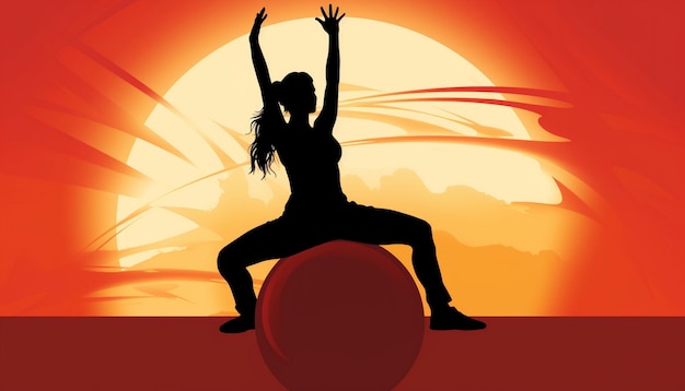 una donna sta praticando lo yoga su una palla con il sole dietro di lei