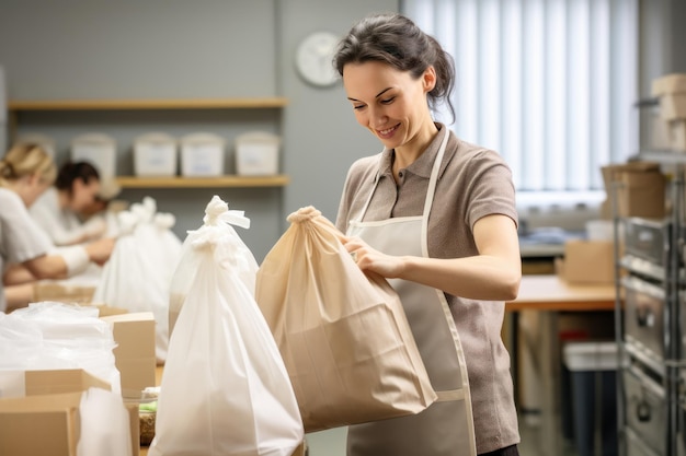 Una donna sta prendendo un sacchetto di carta pieno di cibo alla banca del cibo e dei vestiti generata dall'intelligenza artificiale