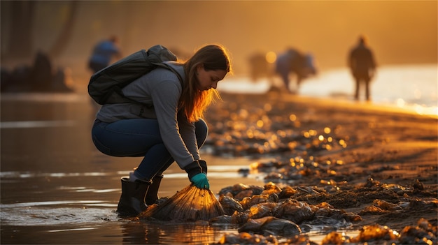 una donna sta pulendo le rocce al tramonto.
