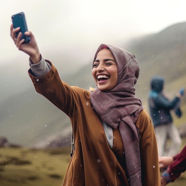 una donna sta scattando un selfie con un cellulare