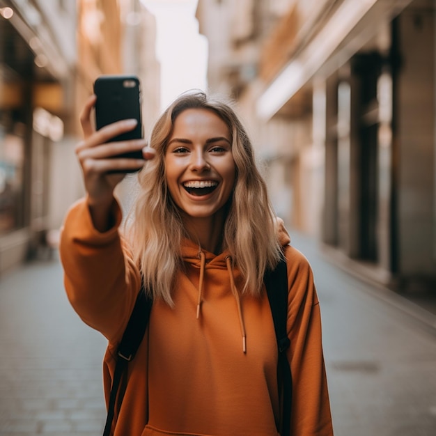 una donna sta scattando un selfie con un cellulare