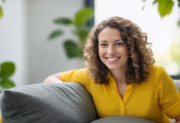 una donna sta sorridendo e seduta su un divano