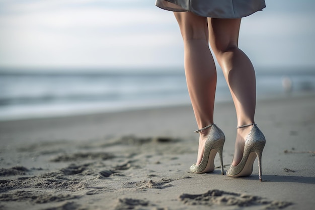 Una donna sta sulla spiaggia indossando tacchi alti.