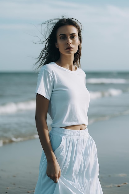 Una donna sta sulla spiaggia indossando una maglietta bianca e una gonna bianca.