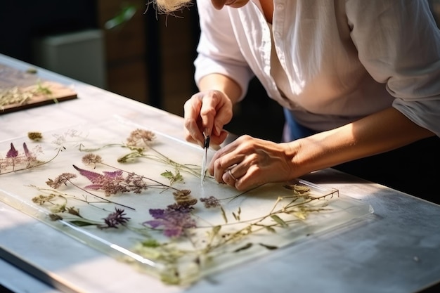 una donna sta tagliando fiori su un tavolo con un paio di forbici.