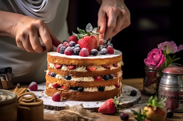 Una donna sta tagliando una torta con sopra dei frutti di bosco.