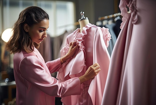 una donna sta toccando una giacca rosa sul rack nello stile delle donne designer