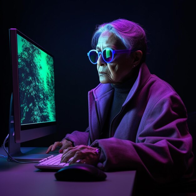 una donna sta usando un computer con uno sfondo viola