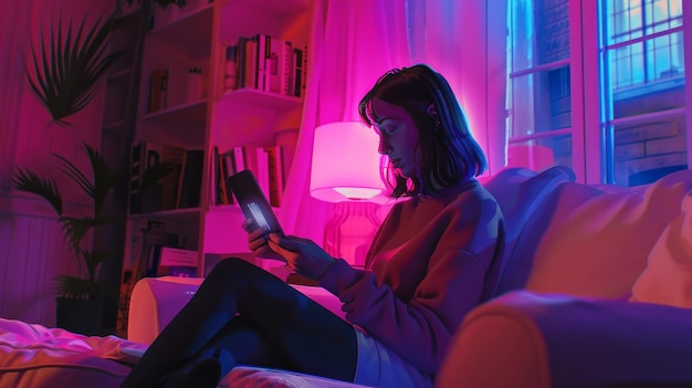 Una donna sta usando un tablet digitale in casa sua