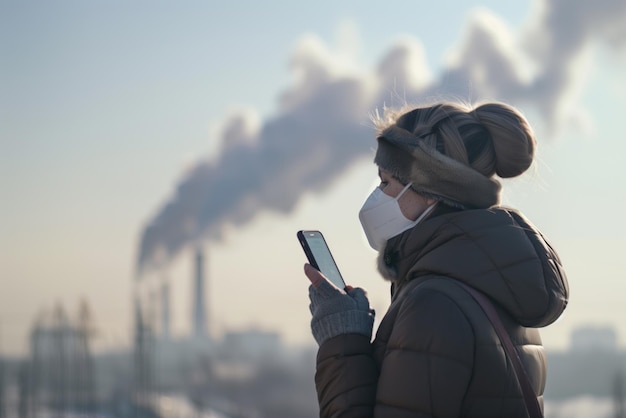 una donna sta usando un telefono con fumo che ne esce