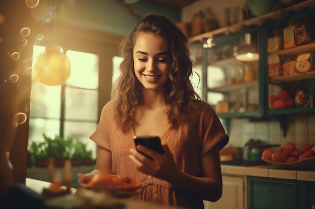 Una donna sta usando un telefono in cucina