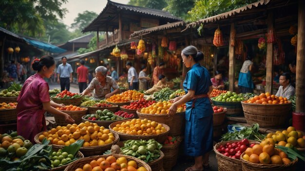 una donna sta vendendo frutta in un mercato con un cartello che dice fresco