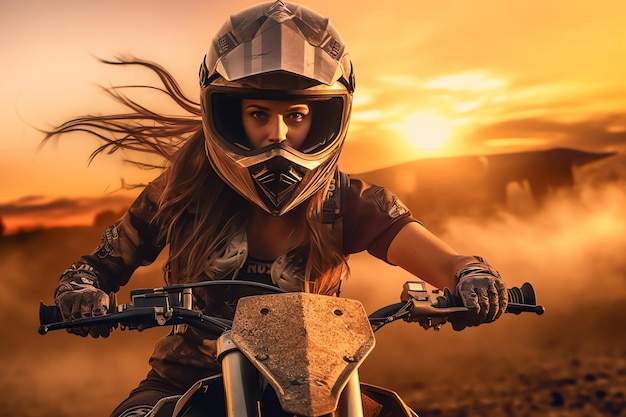 Una donna su una motocicletta con il sole che tramonta dietro di lei.