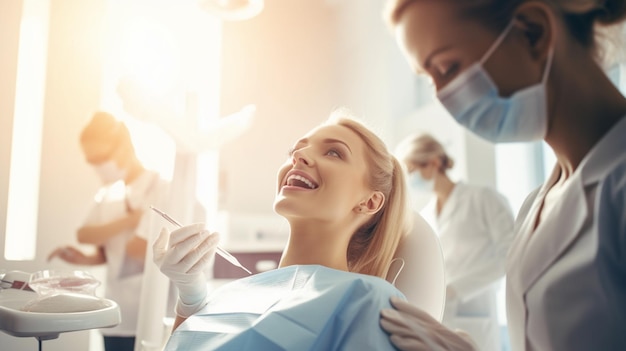 Una donna su una poltrona da dentista sorride mentre un dentista tiene in mano un trapano odontoiatrico.