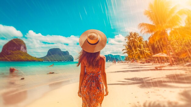 Una donna su una spiaggia che indossa un cappello cammina verso il sole