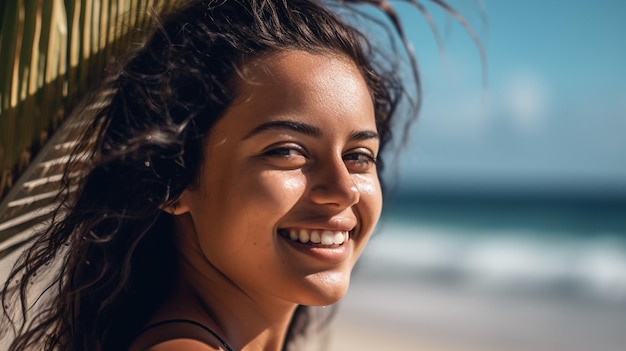 Una donna su una spiaggia che indossa un cappello