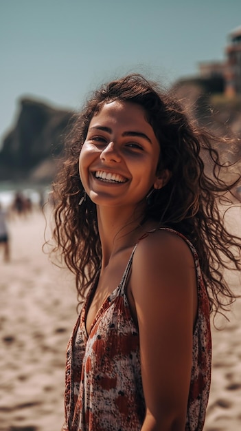 Una donna su una spiaggia che indossa un vestito che dice "sono una ragazza"