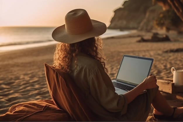 una donna su una spiaggia con un computer portatile e un tramonto sullo sfondo