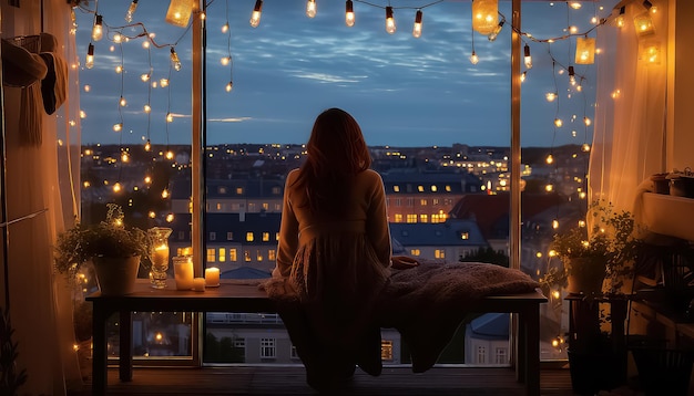 Una donna sul balcone del suo appartamento di notte