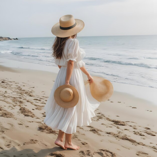 Una donna sulla spiaggia abiti alla moda con cappello di paglia