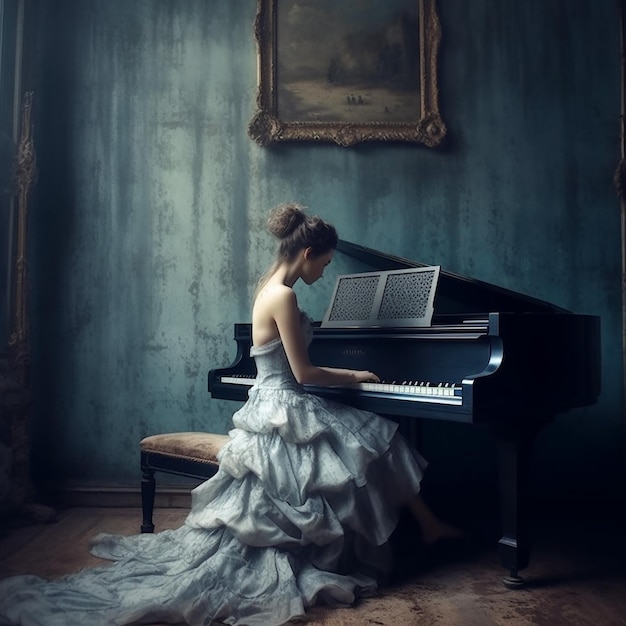 Una donna suona il pianoforte in una stanza buia con un dipinto sul muro dietro di lei.