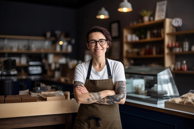 Una donna tatuata si trova davanti al bancone di un bar.