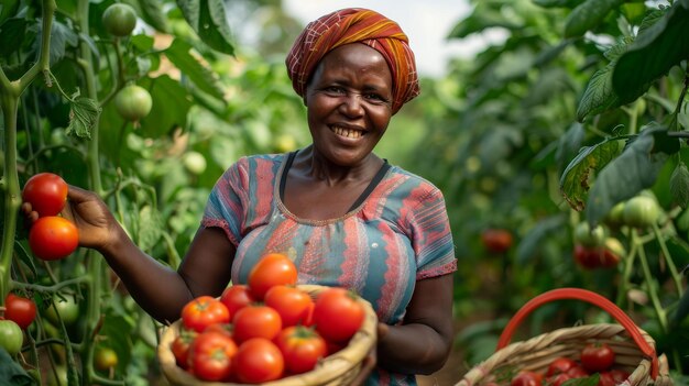 Una donna tiene con orgoglio un cesto pieno di pomodori maturi