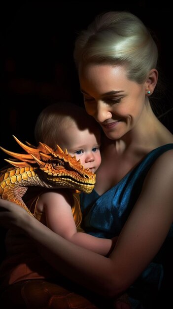 Una donna tiene in braccio un bambino e un drago