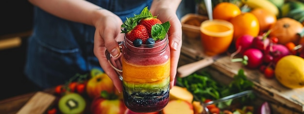 una donna tiene in mano un barattolo di frutta smoothie su uno sfondo di frutta