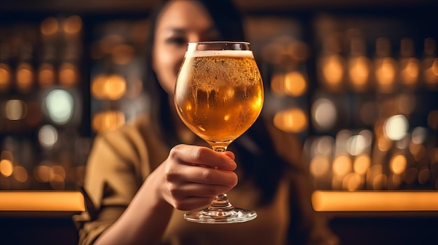 Una donna tiene in mano un bicchiere di birra davanti a un bar con uno sfondo di luci.