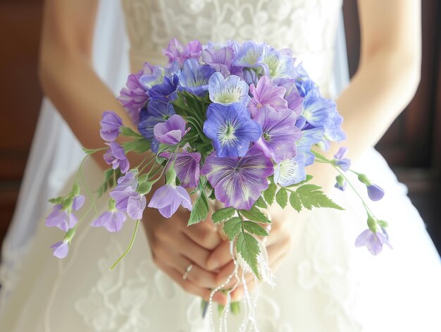 Una donna tiene in mano un bouquet di fiori viola