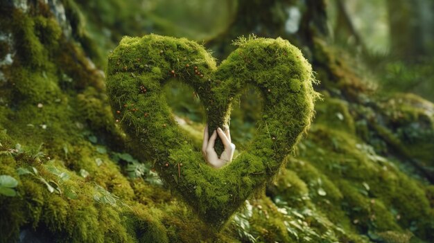 Una donna tiene in mano un cuore in una foresta.