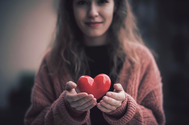 Una donna tiene in mano un cuore rosso.