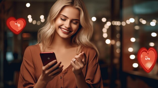 una donna tiene in mano un telefono e sorride con la scritta felice sopra