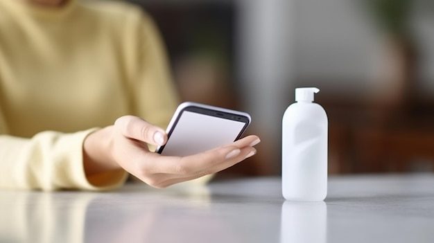 Una donna tiene in mano un telefono e una bottiglia di sapone accanto a lei.