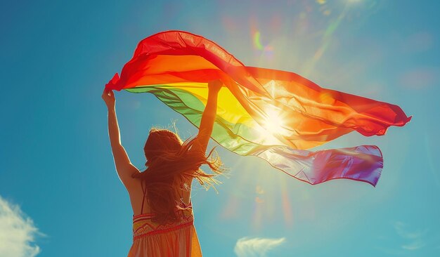 Una donna tiene in mano una bandiera arcobaleno, un simbolo di orgoglio e diversità in una giornata di sole.